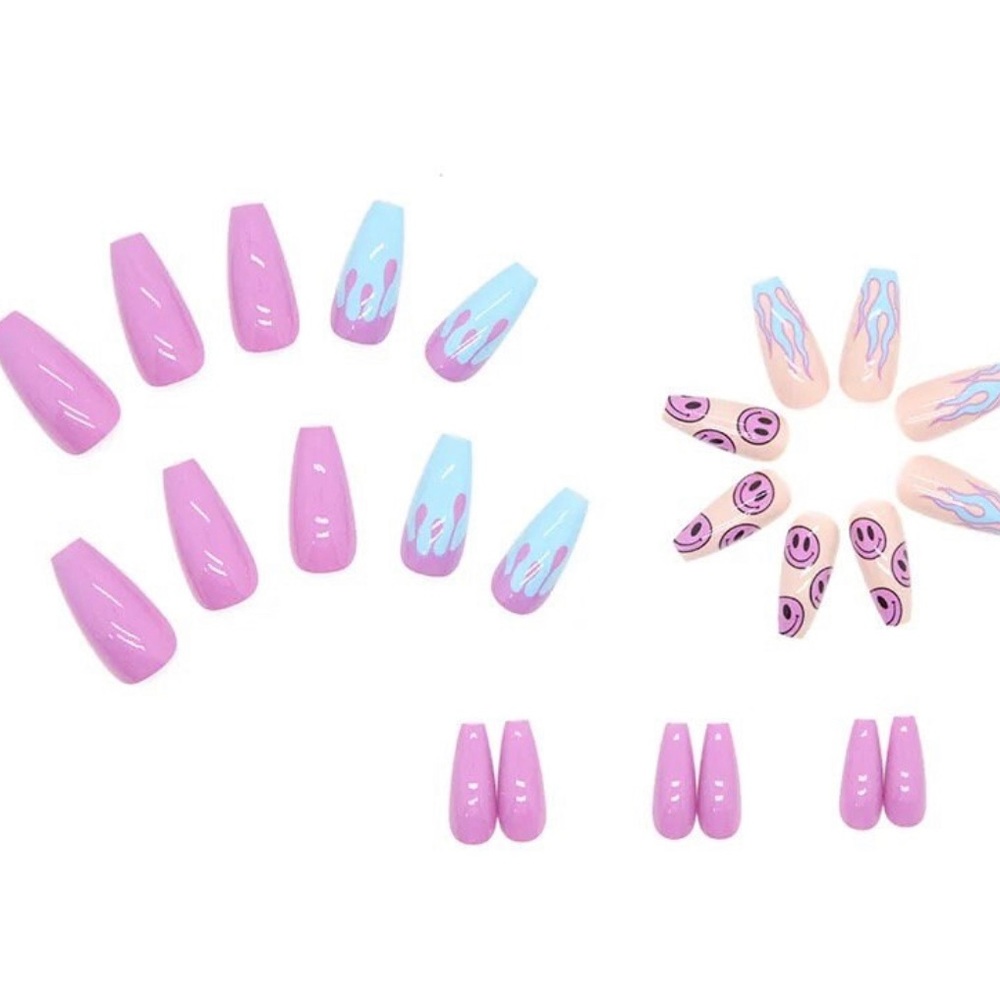 Press on nails long coffin purple and blue flame smiley face y2k